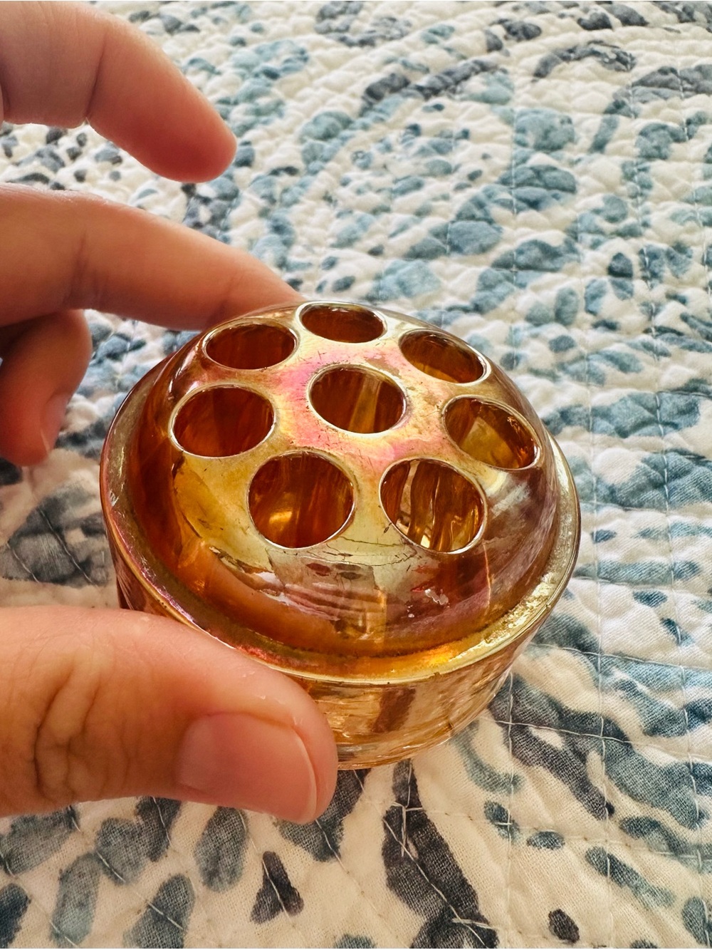 Vintage Marigold carnival Glass Flower Frog